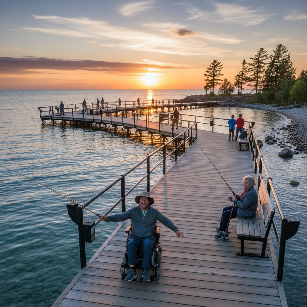 Accessible fishing pier with railings and non-slip surface extending over a lake