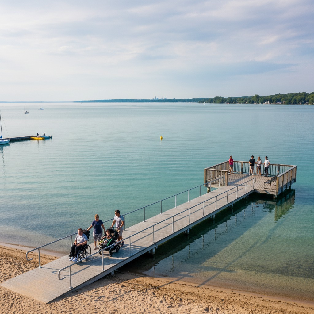 Accessible park pathway beside a lake with benches and shade trees