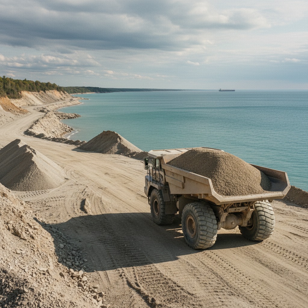Heavy dump truck hauling aggregate material on a rural road