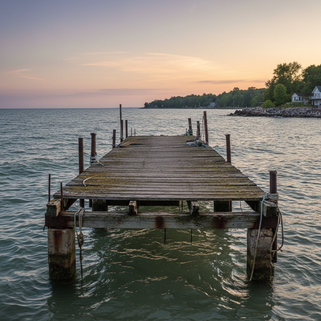 Old wooden municipal dock showing signs of wear and decay