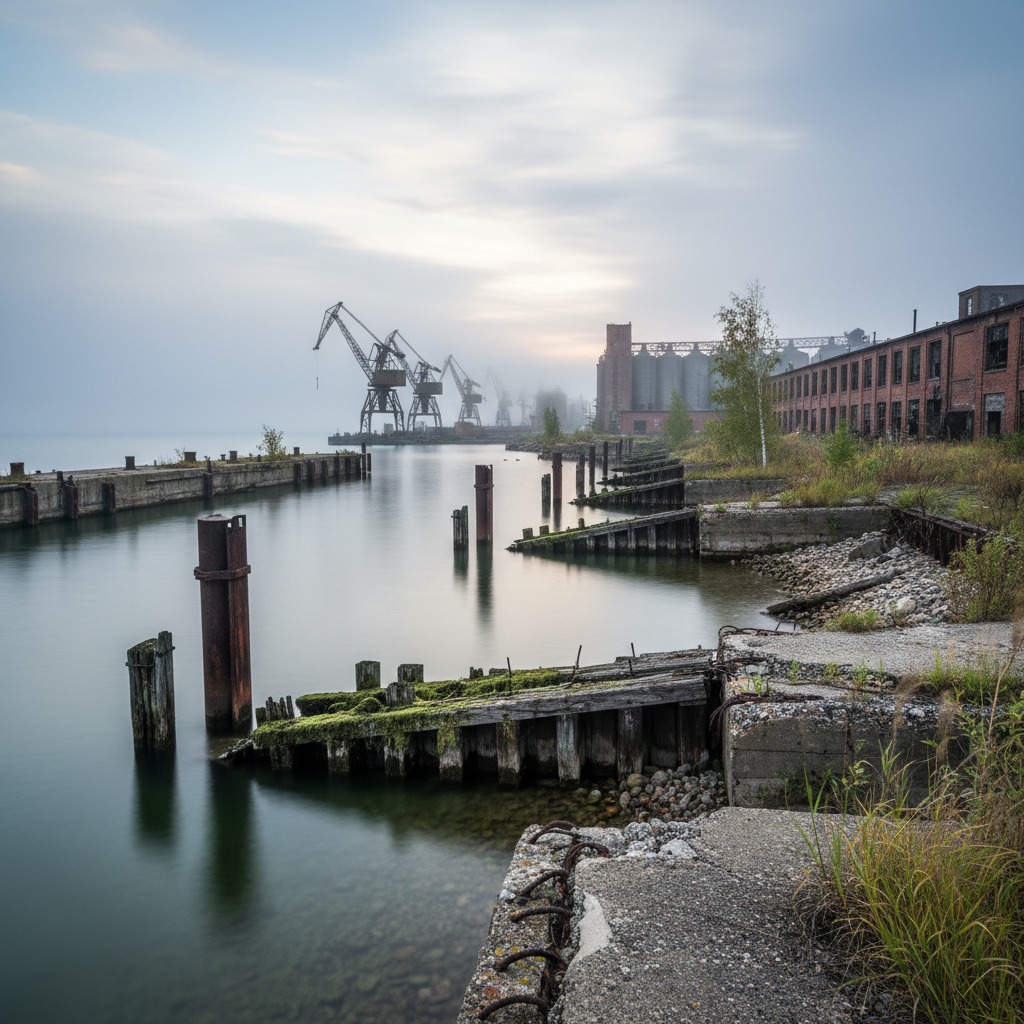 Municipal harbour with aging stone breakwater and fishing boats