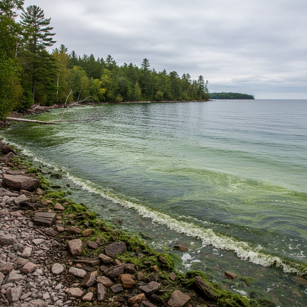 Green algae bloom on lake surface