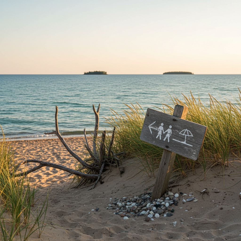 Public beach access sign near a waterfront community path