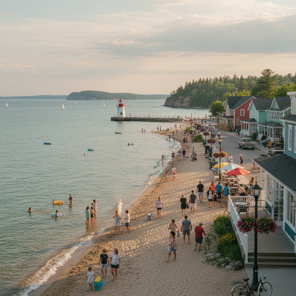 Sandy beach along the Ontario shoreline with beachgoers and clear blue water