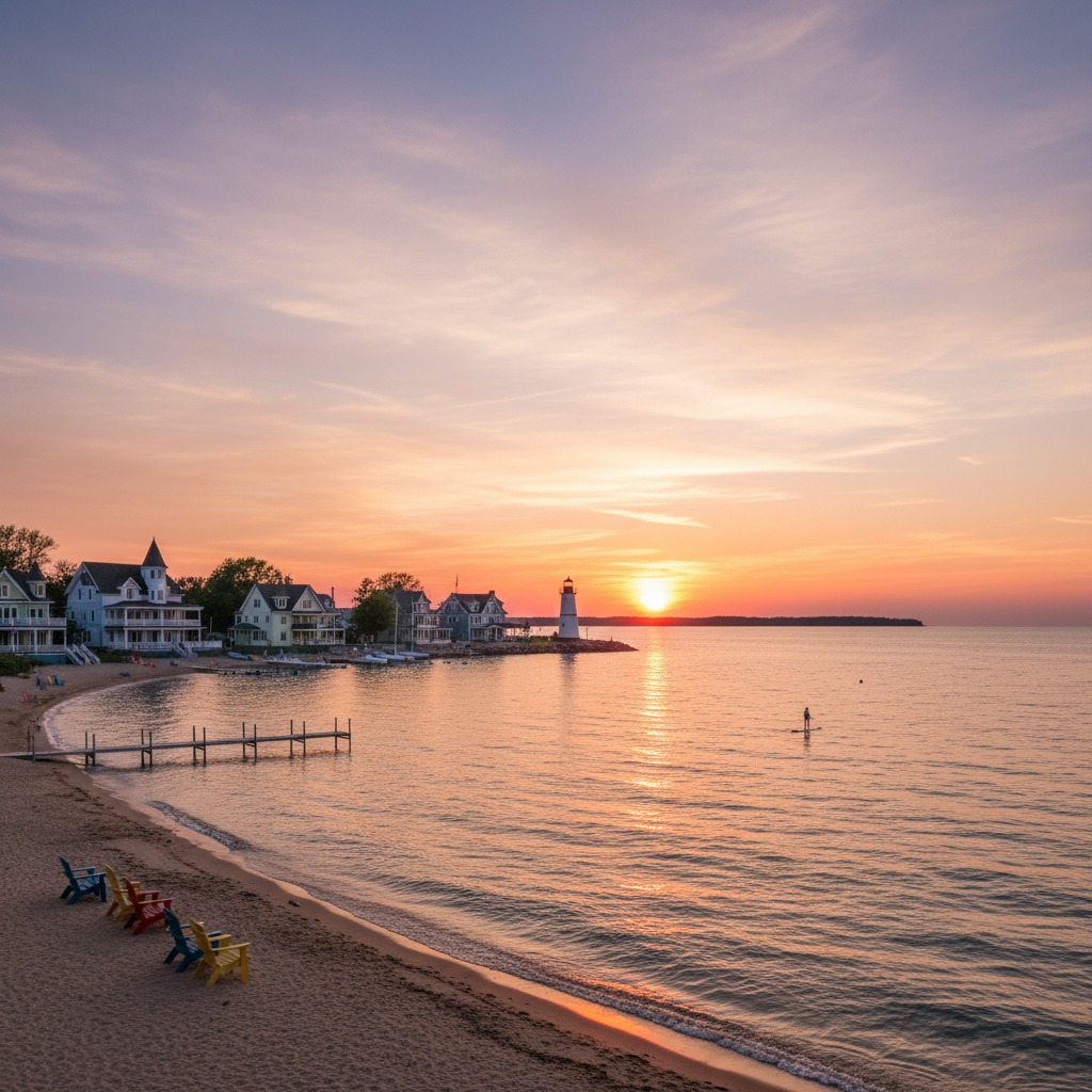 Sunset over calm lake waters viewed from an Ontario beach town shoreline