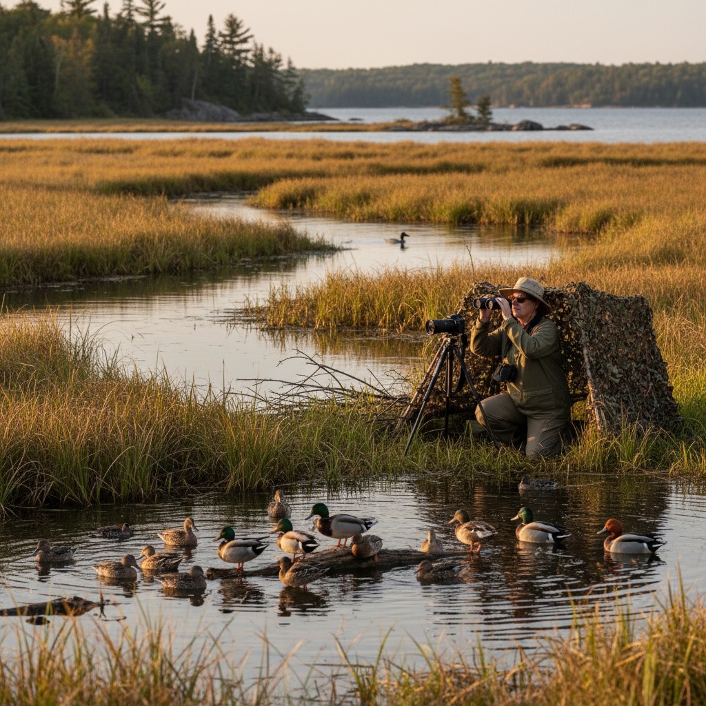 Ducks and shorebirds feeding in a coastal wetland at low tide