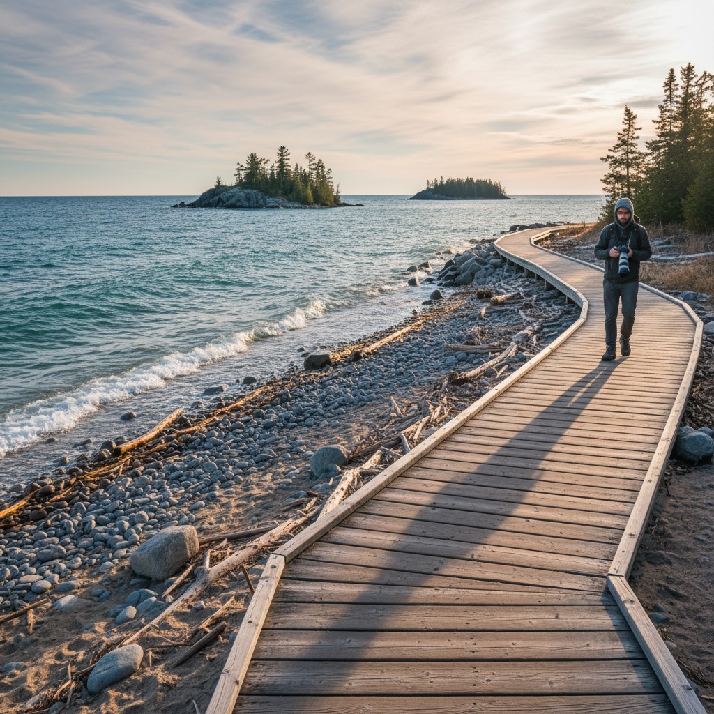 Wooden boardwalk along a waterfront with benches and waterside views