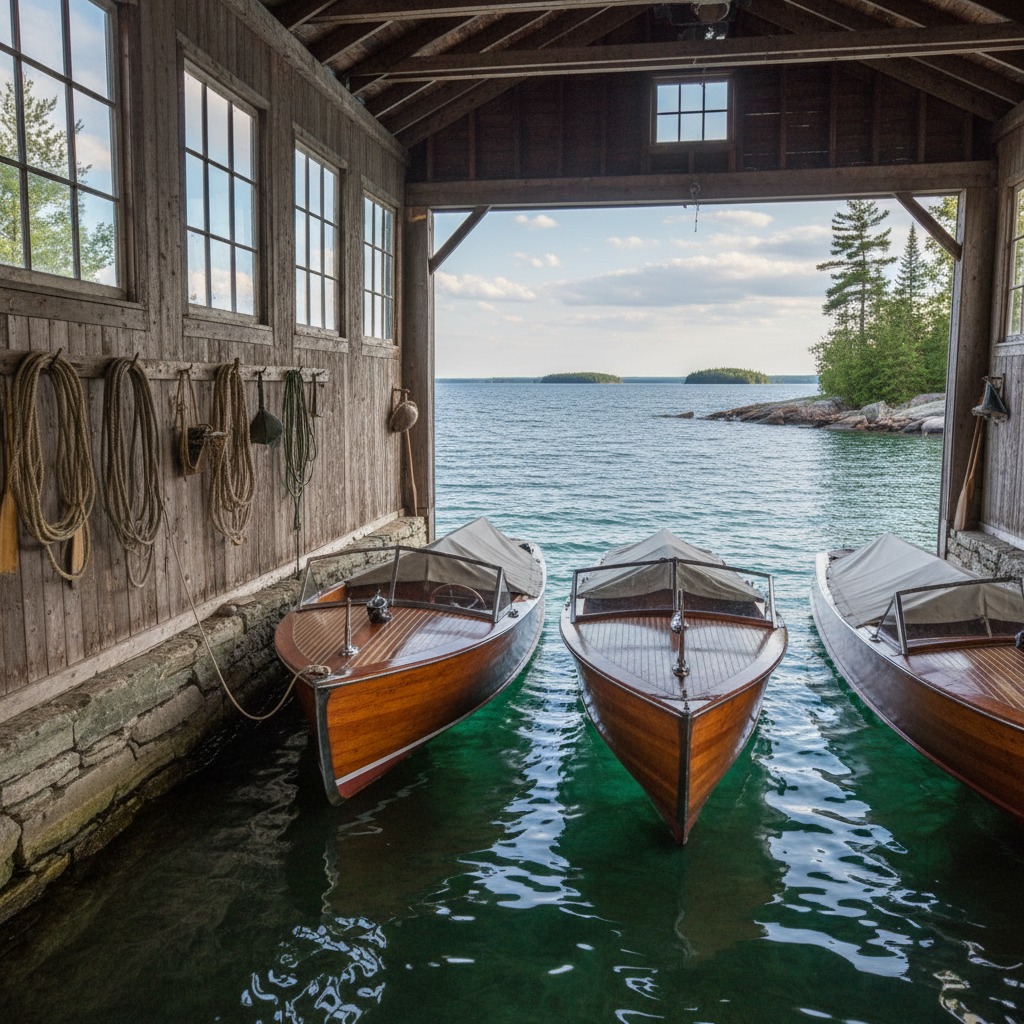 Interior of a boathouse with boats stored on the water