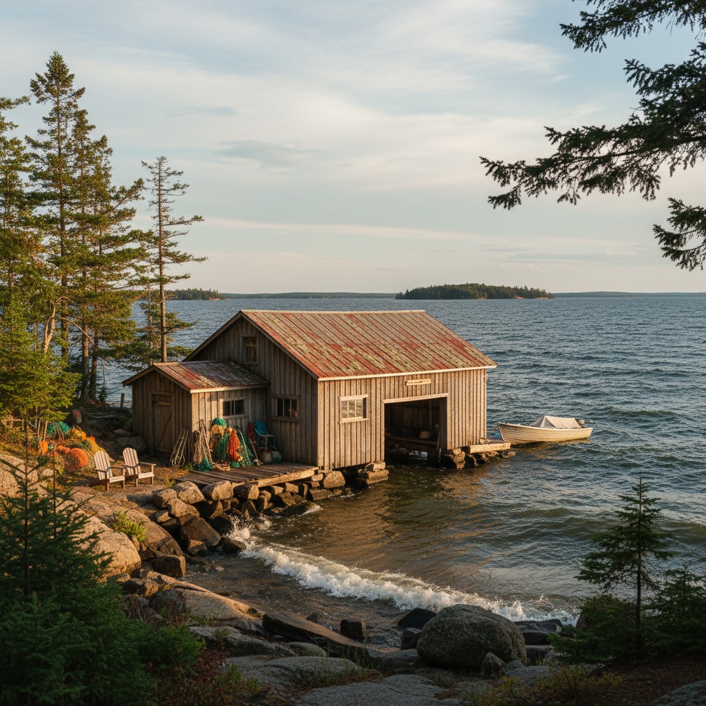 Traditional wooden boathouse on an Ontario lake at sunset