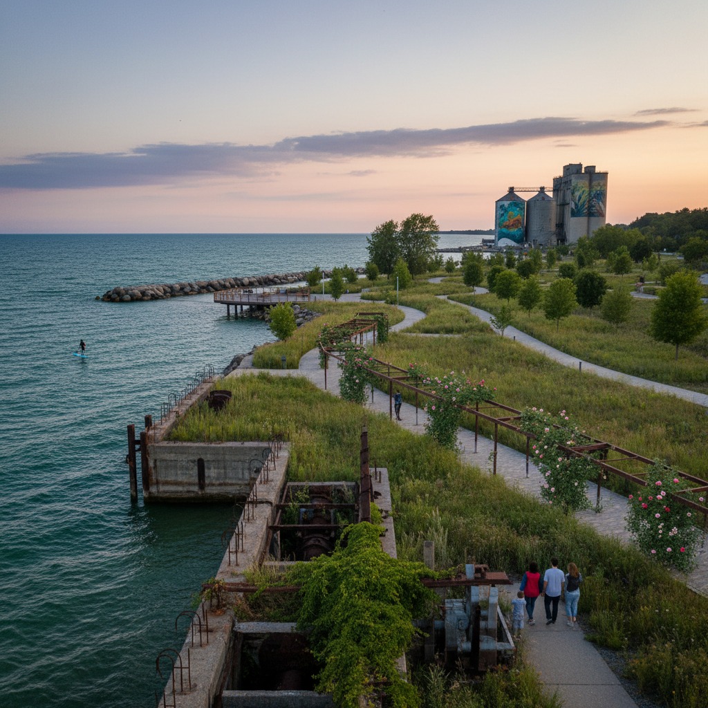 Public waterfront park created on a remediated brownfield site