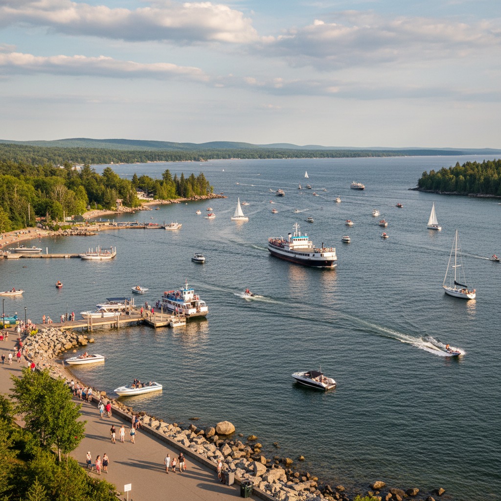 Busy lake scene with multiple boats and watercraft on a summer day