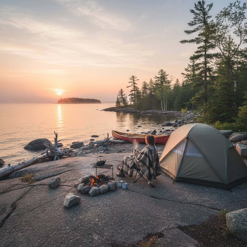 Misty morning at a lakeside campsite with a canoe pulled up on shore