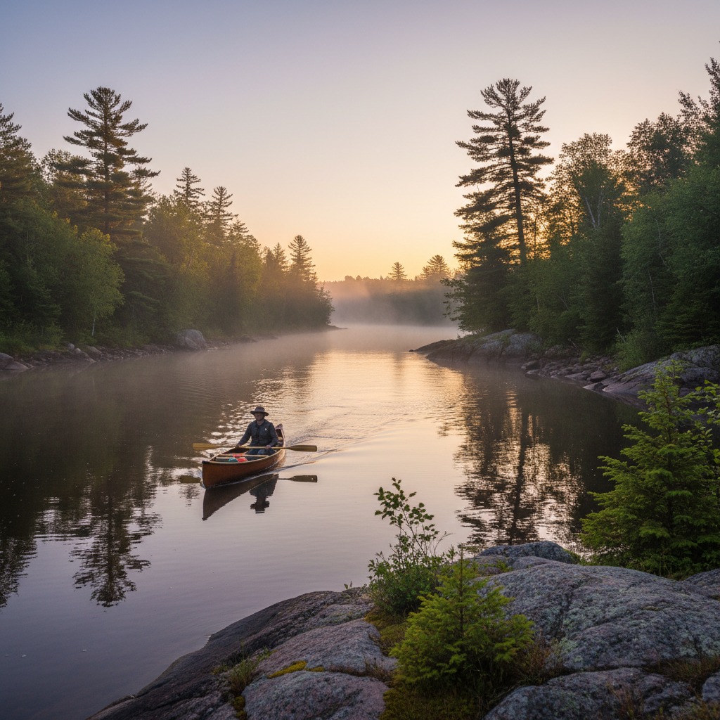 Canoe resting on a grassy riverbank with a gentle river flowing past