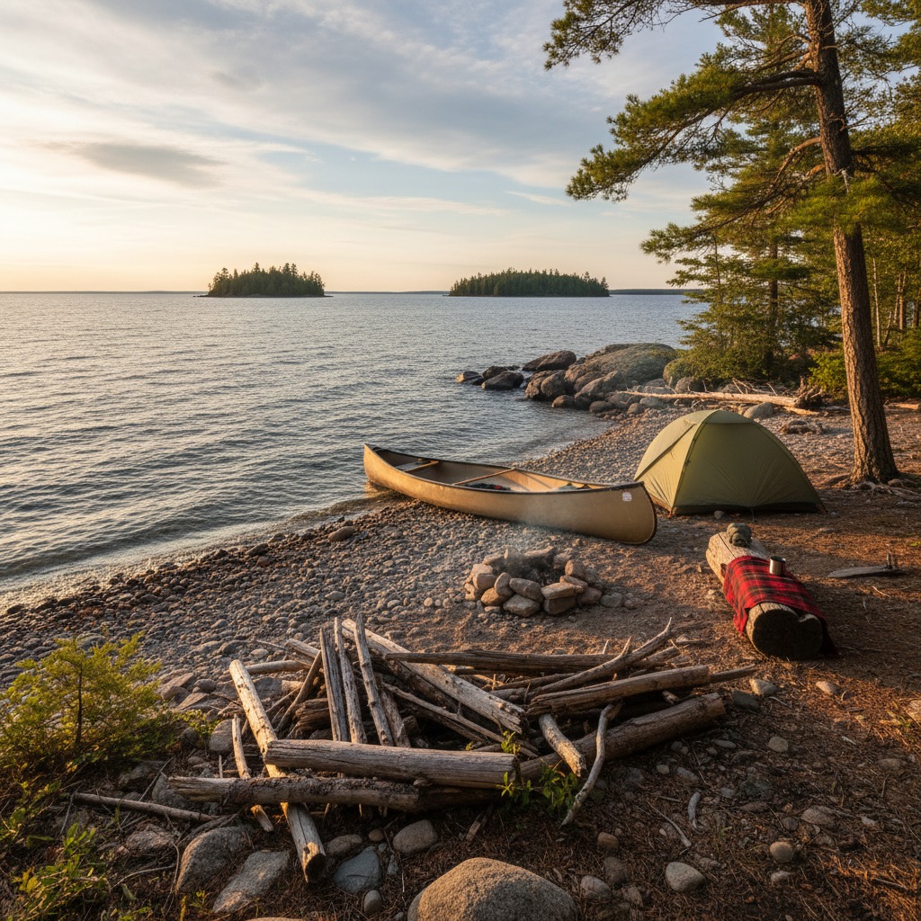 Canoe beached on a rocky shore with a campfire ring and tent visible among the trees