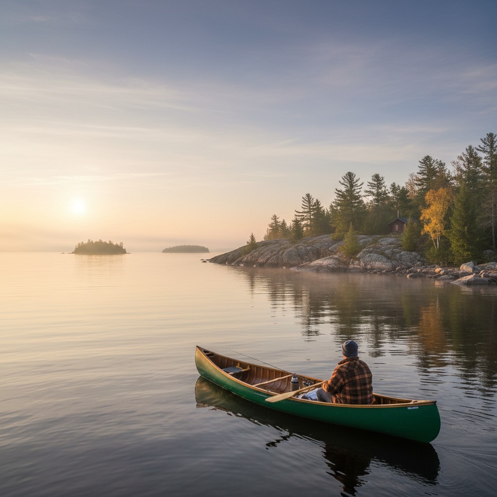 Morning mist rising over a quiet lake with a canoe resting at the shoreline