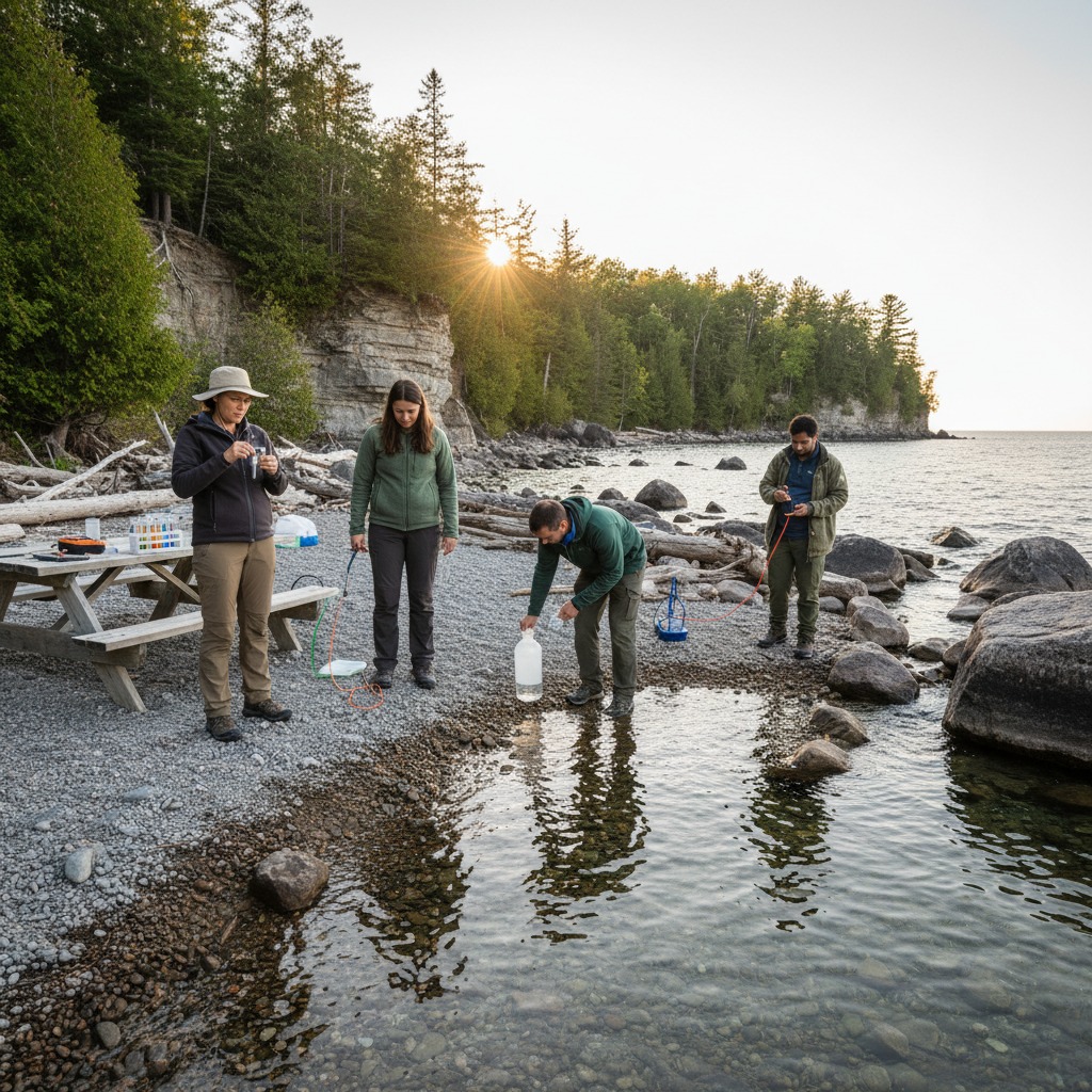 Volunteers conducting water quality testing at an Ontario lake as part of a citizen science program