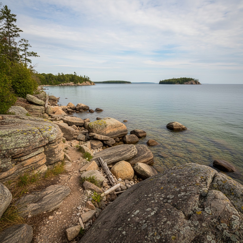 Rocky coastal trail overlooking a wide bay with windswept trees