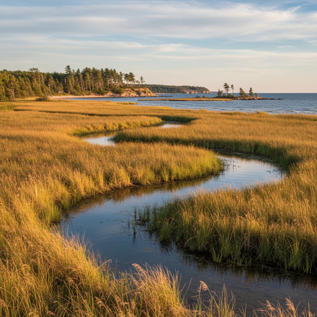 Coastal wetland marsh along a Great Lakes shoreline with cattails and open water