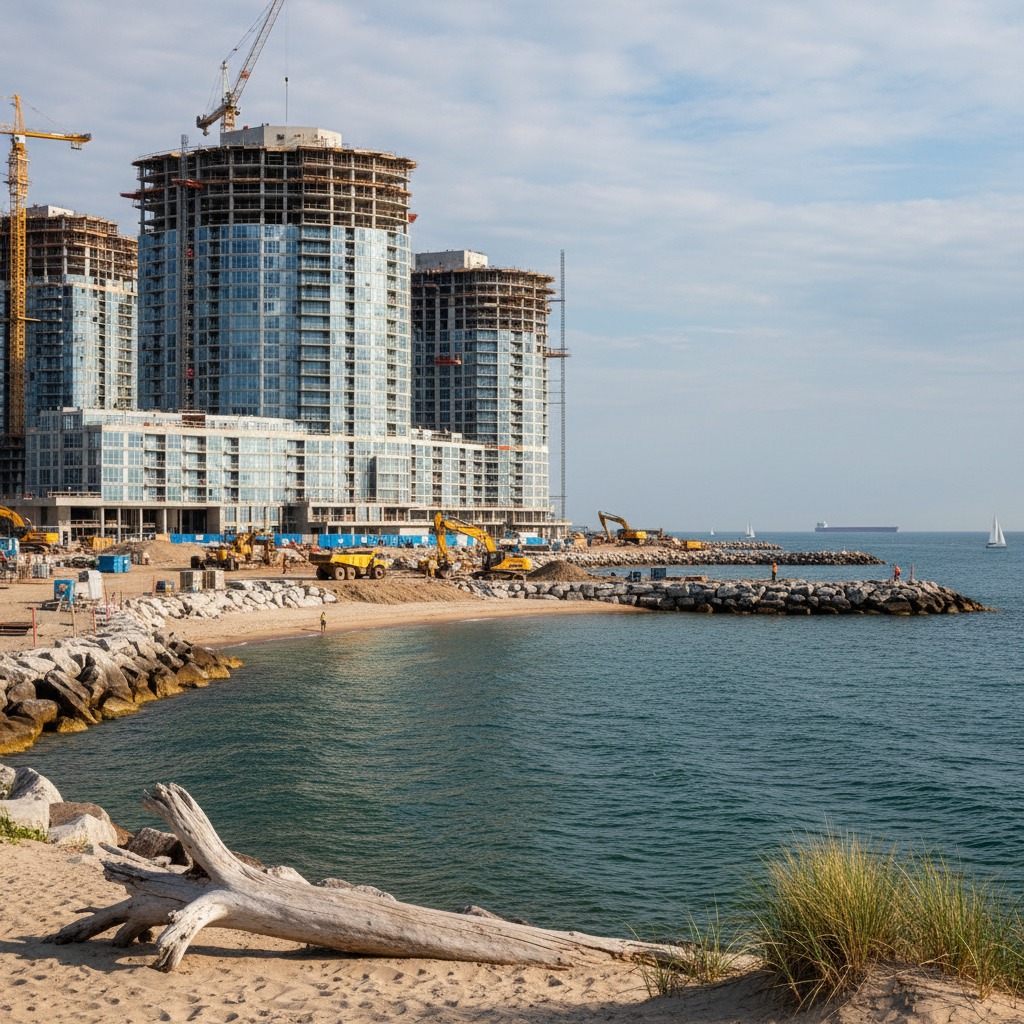 Construction cranes at a waterfront building site
