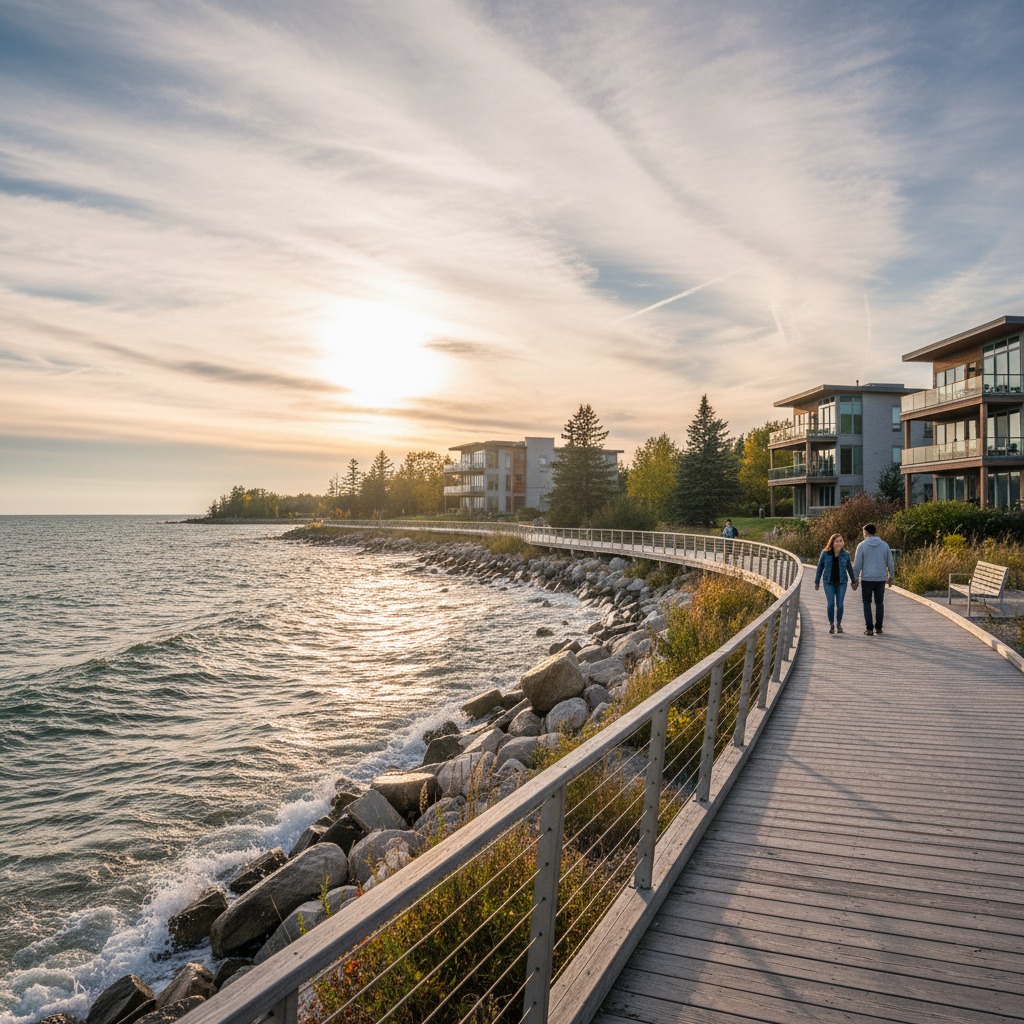 Public walking path along waterfront condominiums
