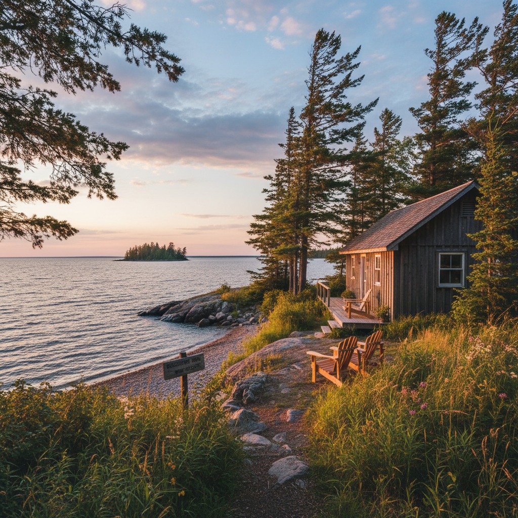Waterfront cottage nestled among trees with a dock in front