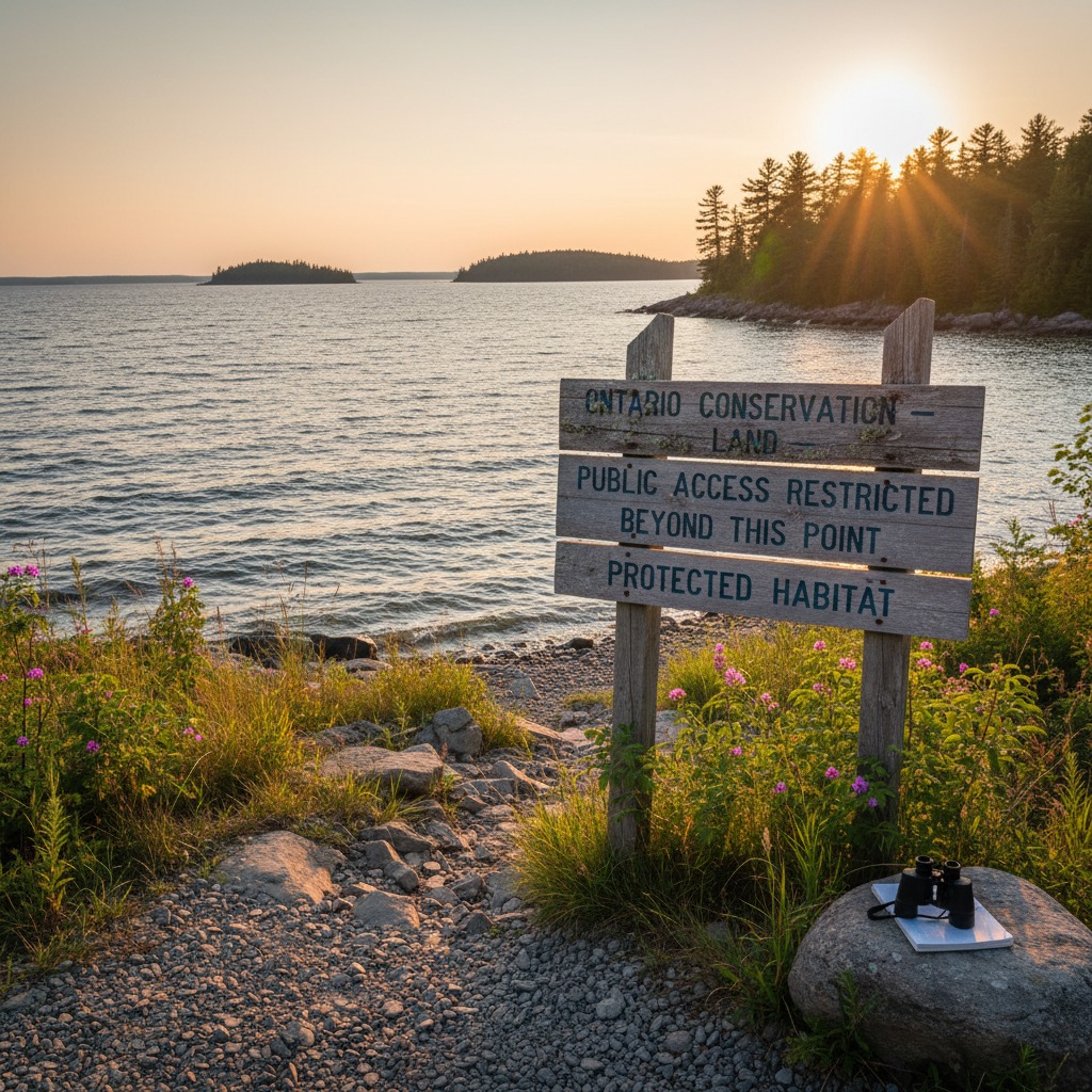 Conservation area boundary sign near a shoreline property