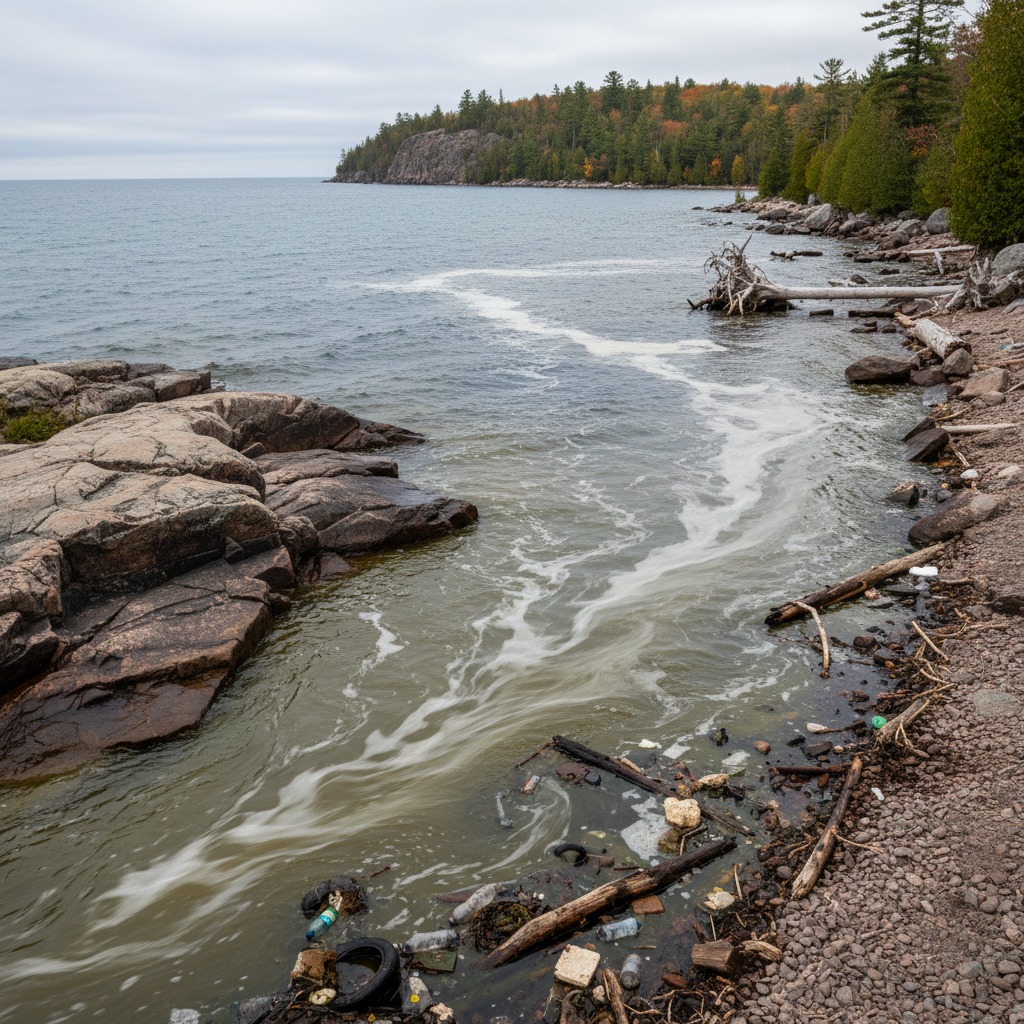 Stream showing signs of salt contamination from road runoff during winter