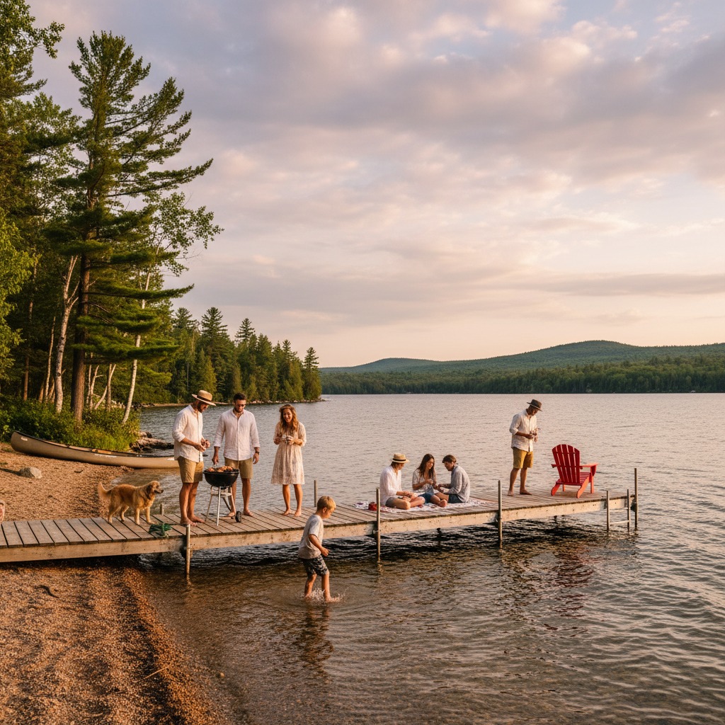 Guests relaxing at a waterfront resort with pool and lake view