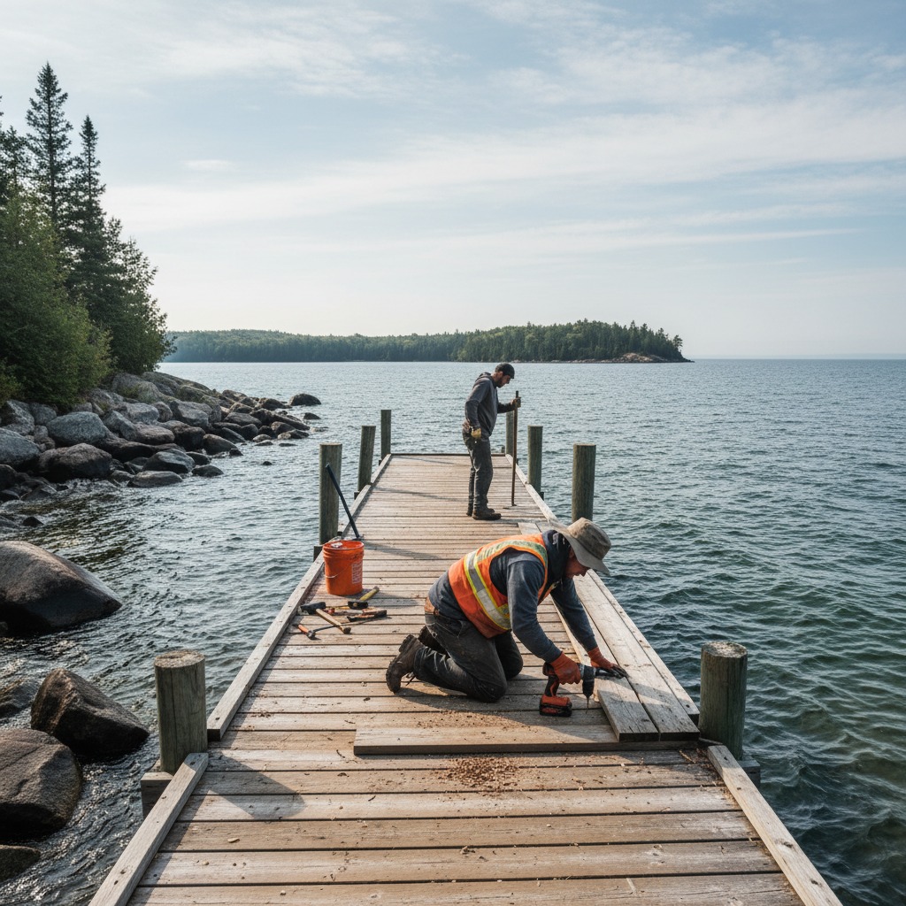 Worker performing maintenance on a residential dock on a lake