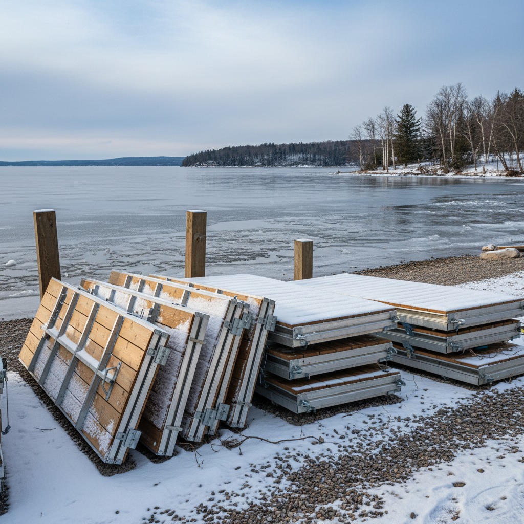 Dock sections stacked on shore during winter storage