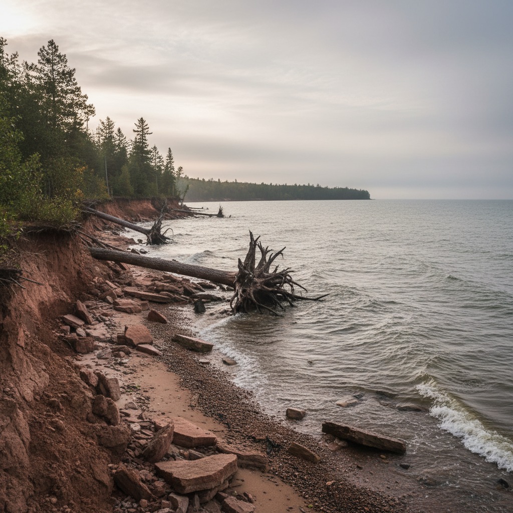Eroded bluffs along a Great Lakes shoreline caused by high water levels