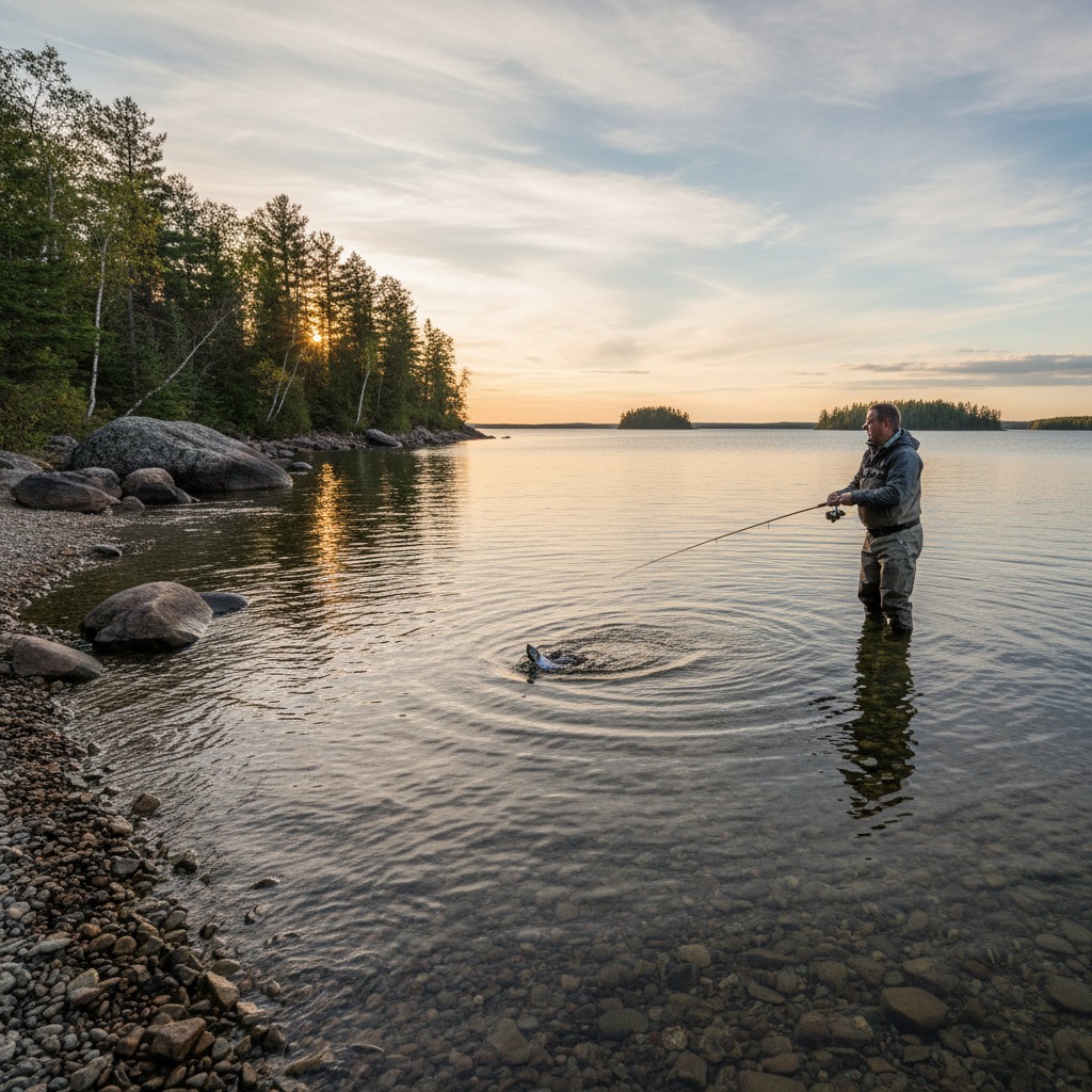Fishing rod set up on a lakeshore with calm water stretching to the horizon