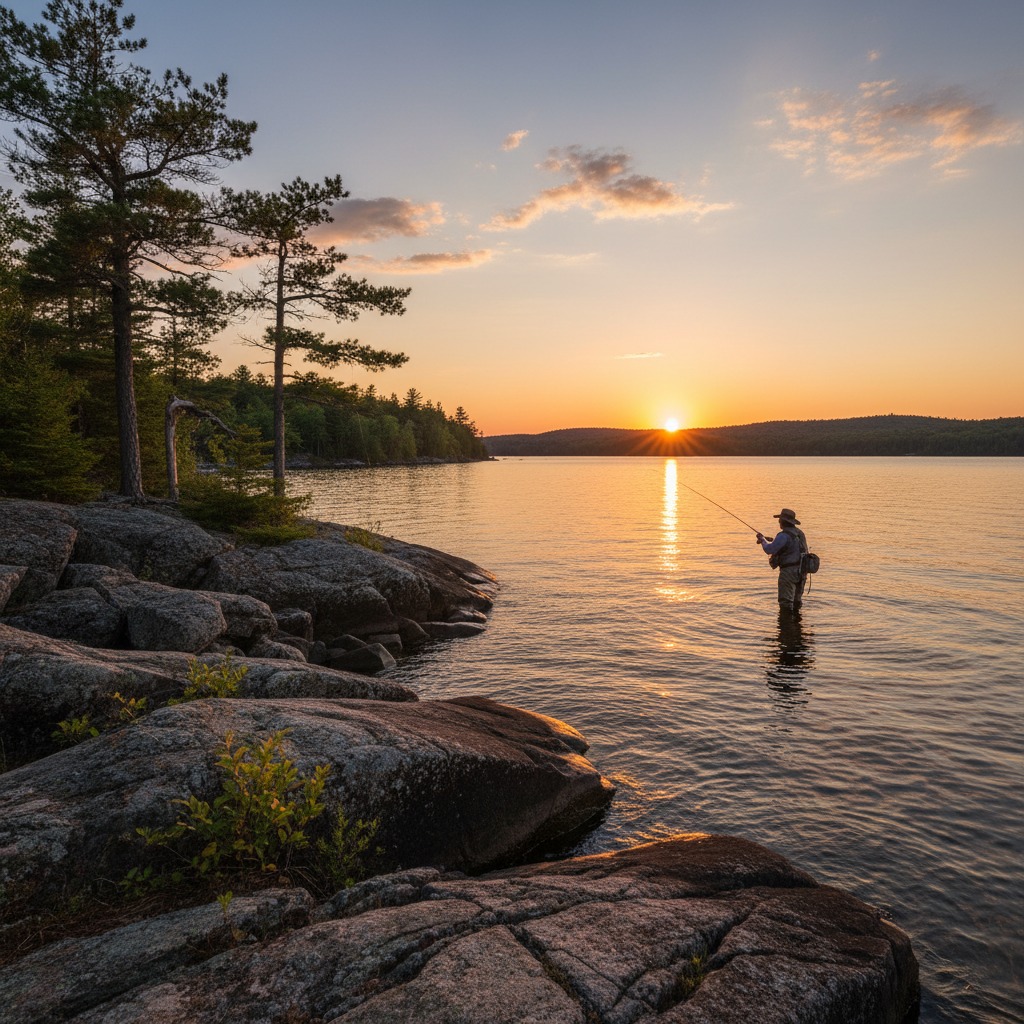 Silhouette of a person fishing from shore at sunset with warm golden light on the water