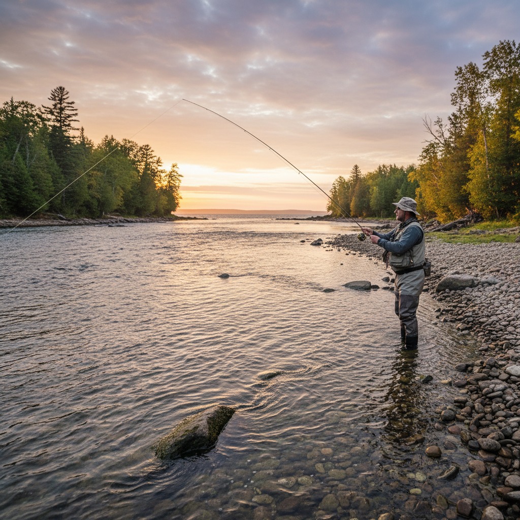 Angler wading in a shallow tributary with autumn trees lining both banks