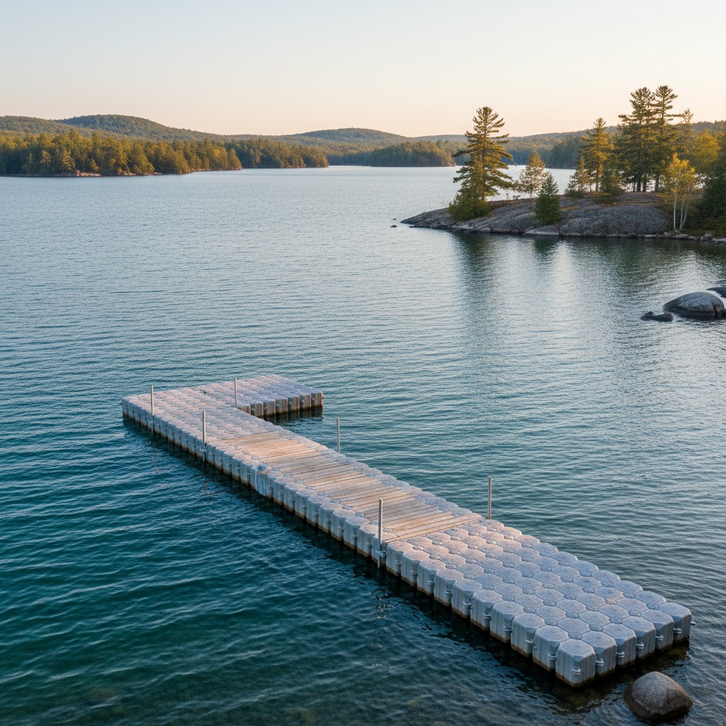 Floating dock system on a calm lake with boats moored alongside