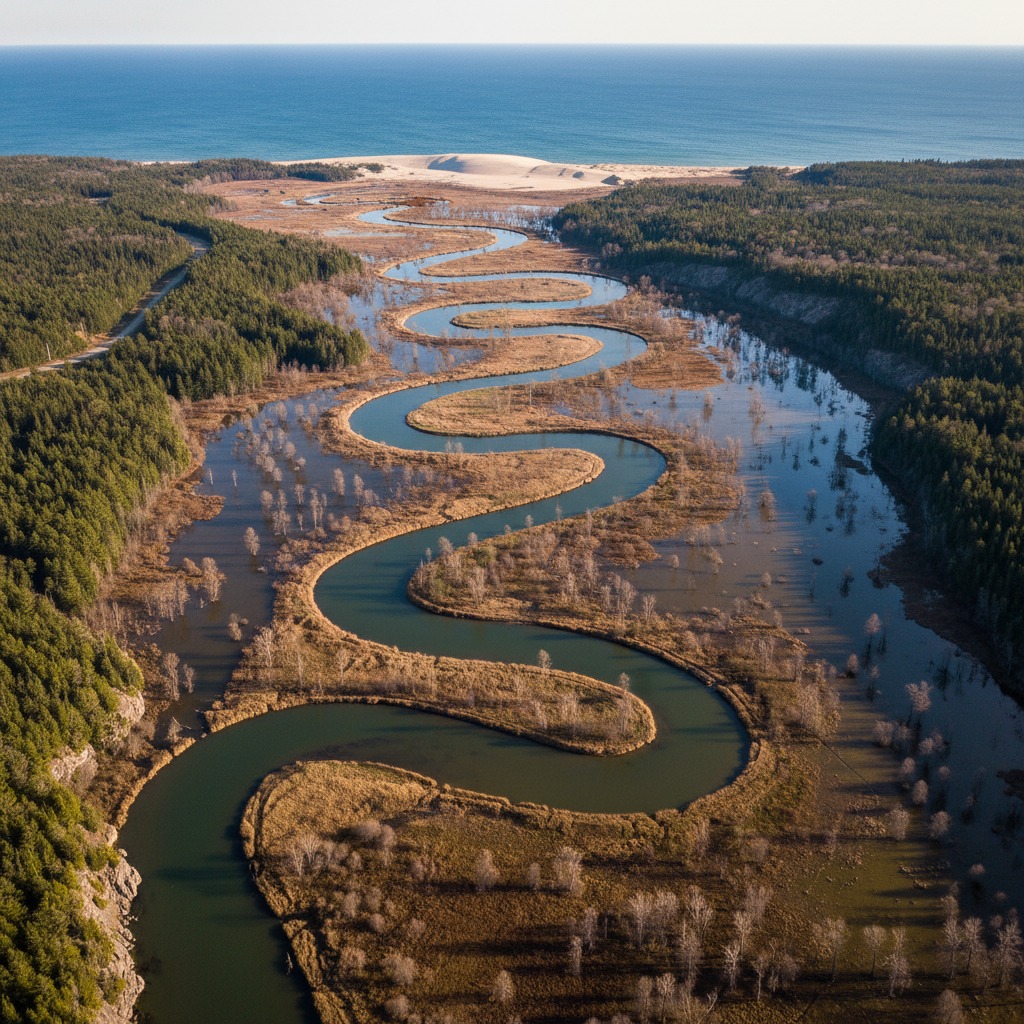 Aerial view of a river floodplain with surrounding development