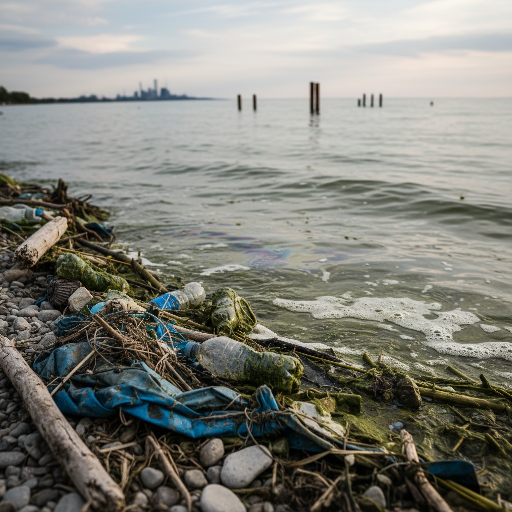 Close-up of contaminated freshwater showing particulate pollution