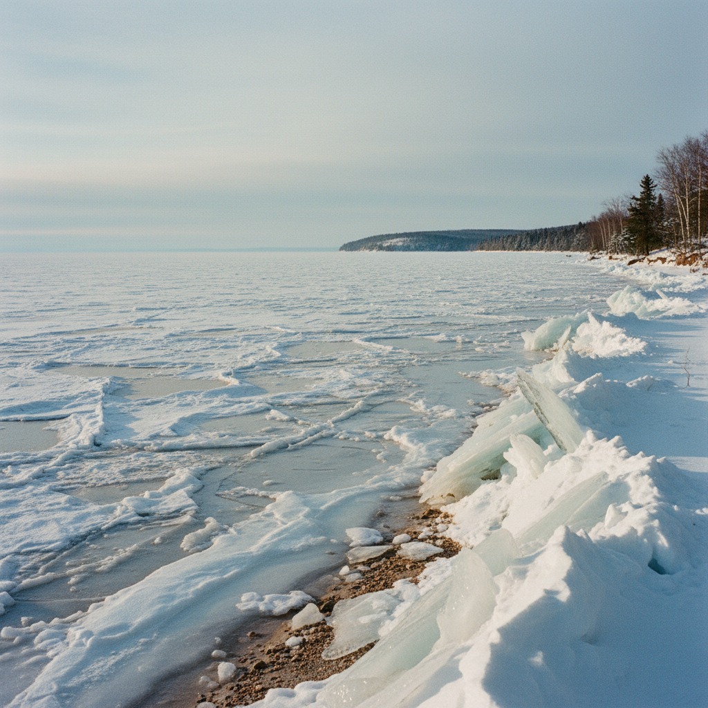 Frozen lake shoreline with ice formations along the edge