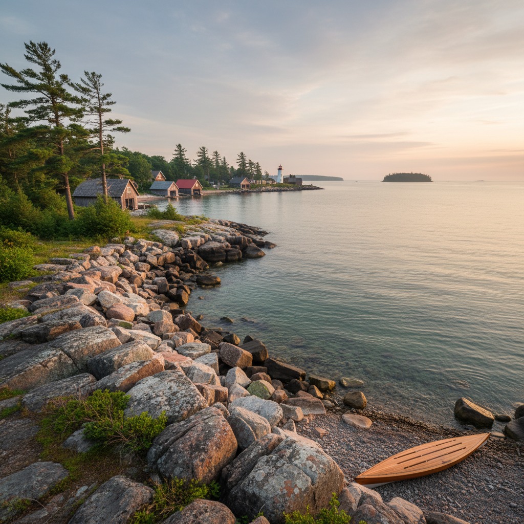 View of Collingwood harbour with boats and the Blue Mountain escarpment in the background