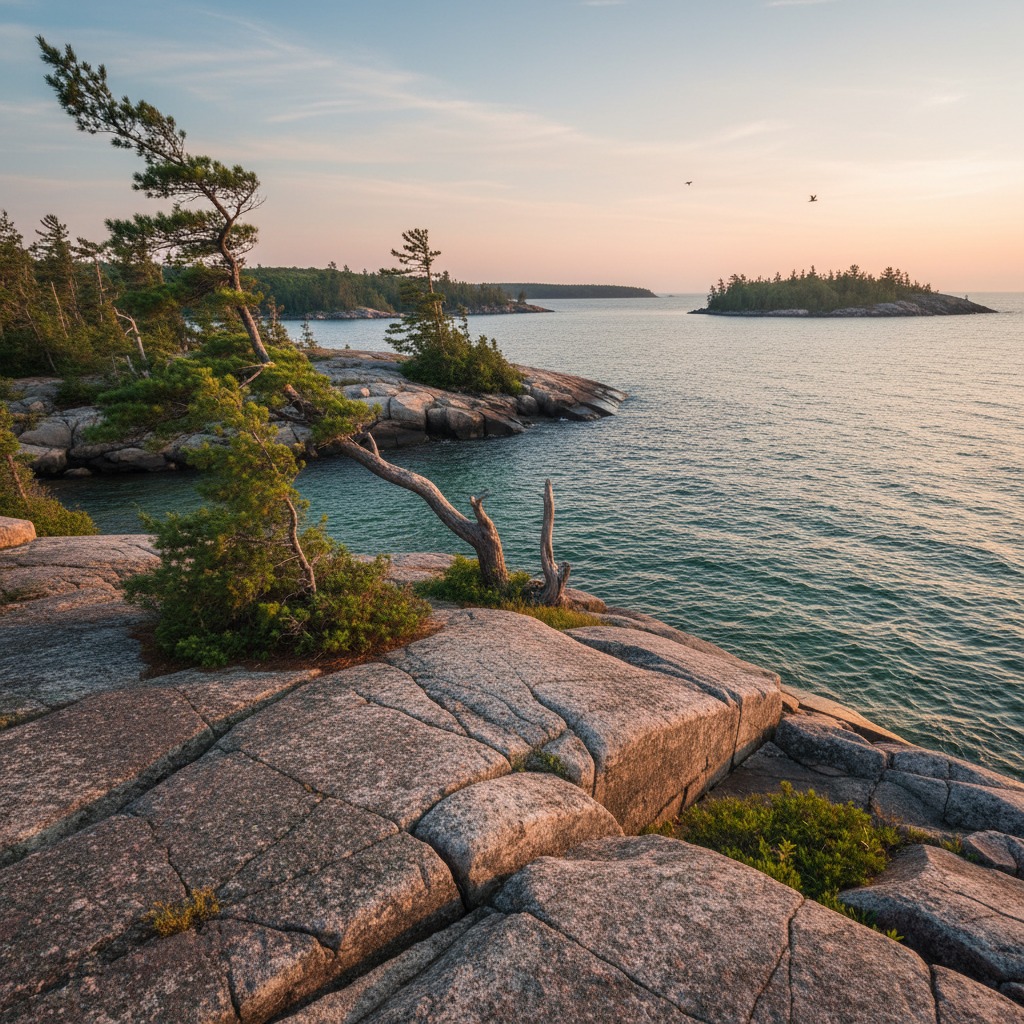 Rugged Georgian Bay shoreline with exposed rock, pine trees, and turquoise water