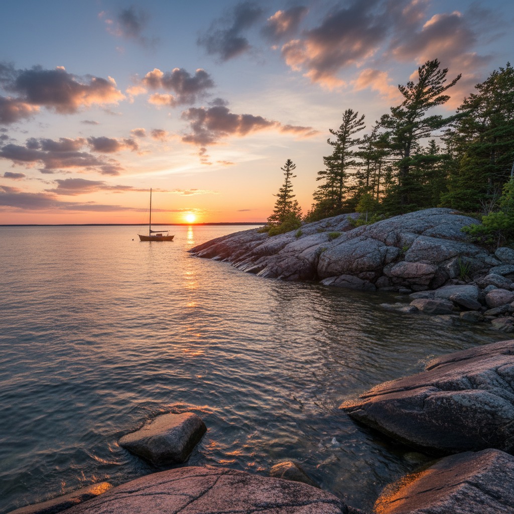 Dramatic sunset over the open waters of Georgian Bay with silhouetted pine trees