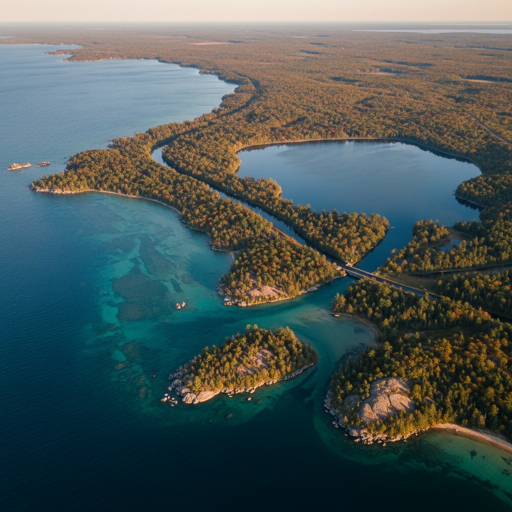 Aerial photograph of a Great Lakes coastline showing forested bluffs meeting clear blue water