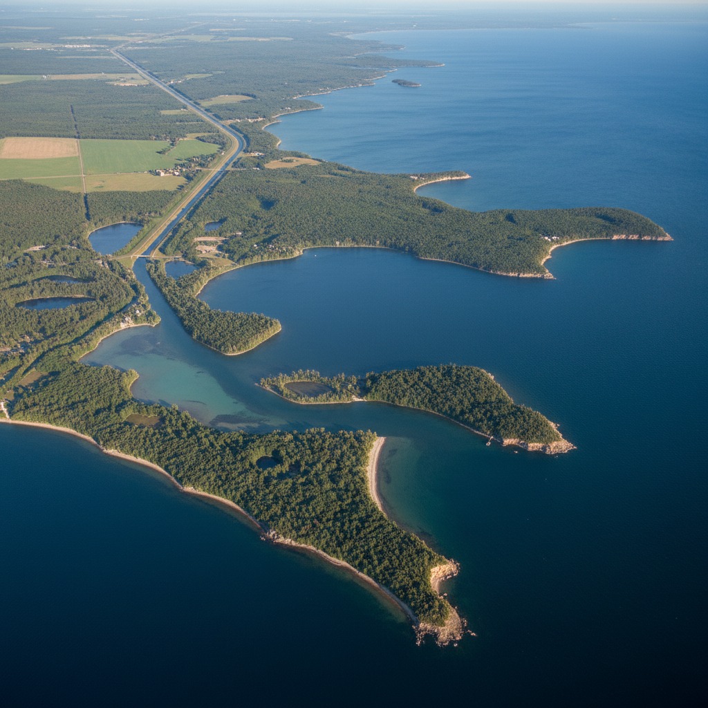 Aerial view of a Great Lakes shoreline showing water level changes