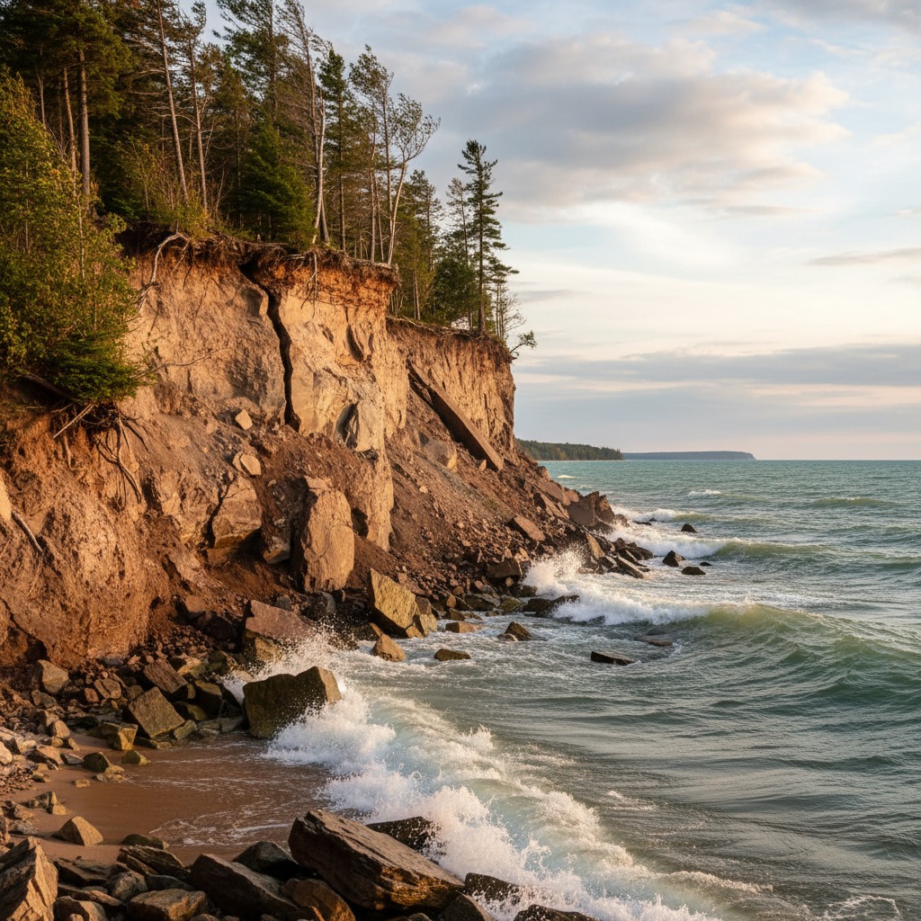 Eroded bluffs along the Great Lakes shoreline showing exposed clay and rock layers