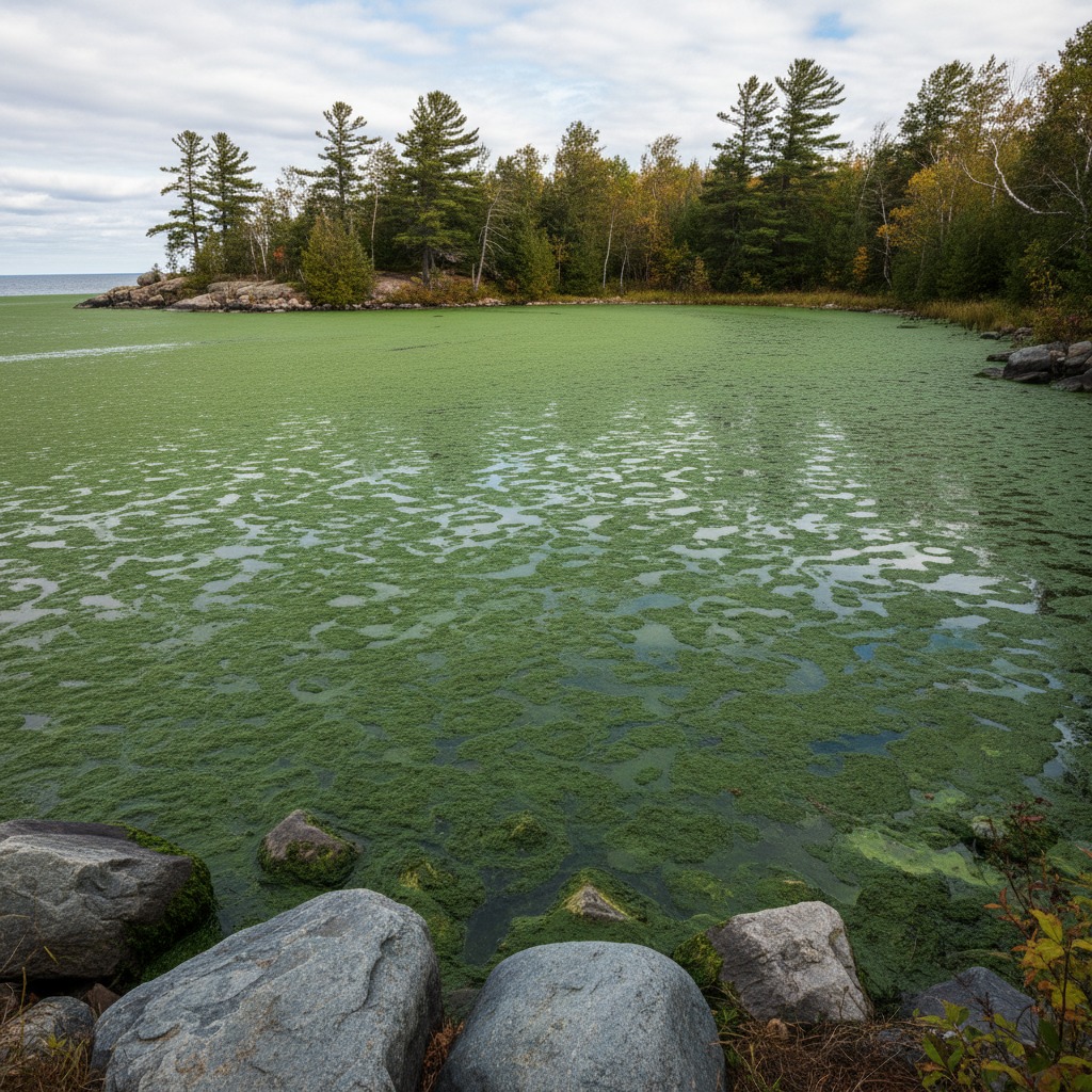Close-up of green algae floating on a still water surface