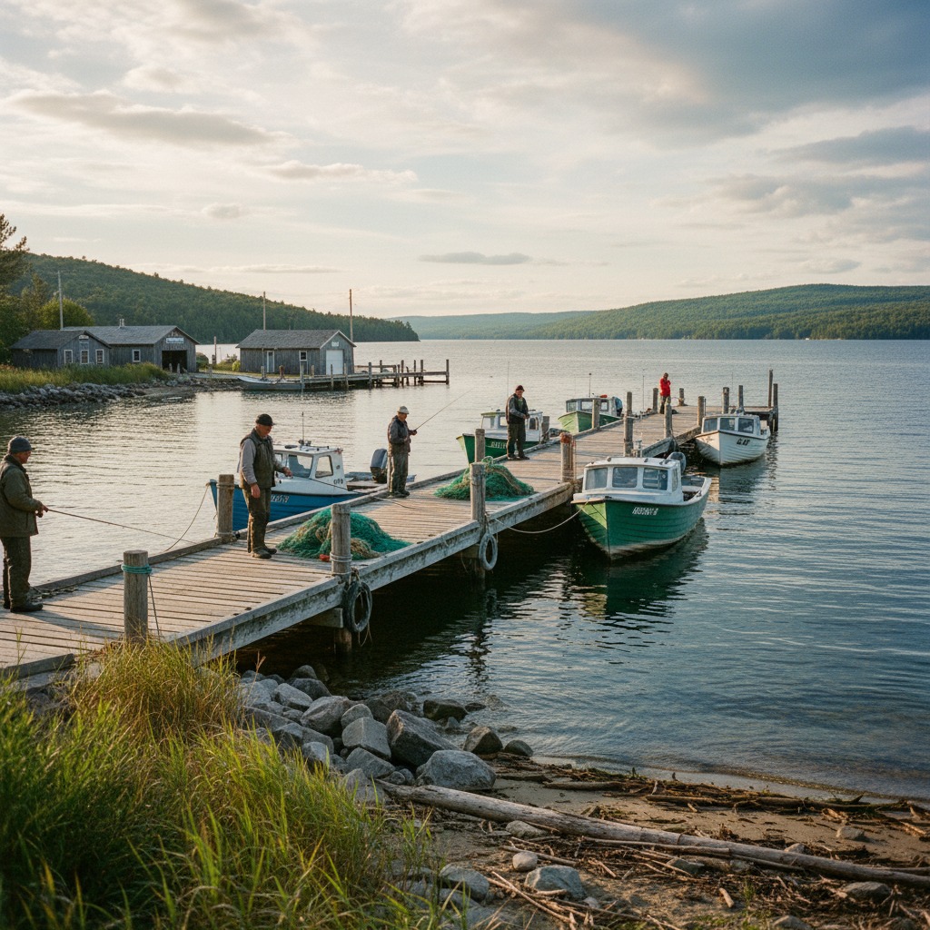 Fishermen on a wooden dock at a small Ontario harbour at dawn