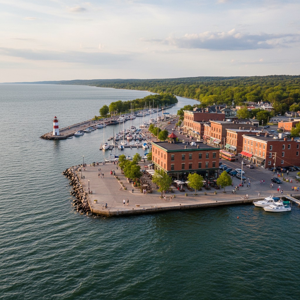 Historic downtown main street of a waterfront harbour community with brick buildings