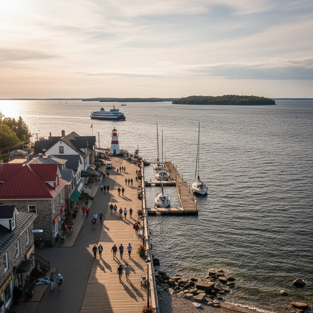 View of an Ontario harbour town with boats moored along the waterfront at sunrise