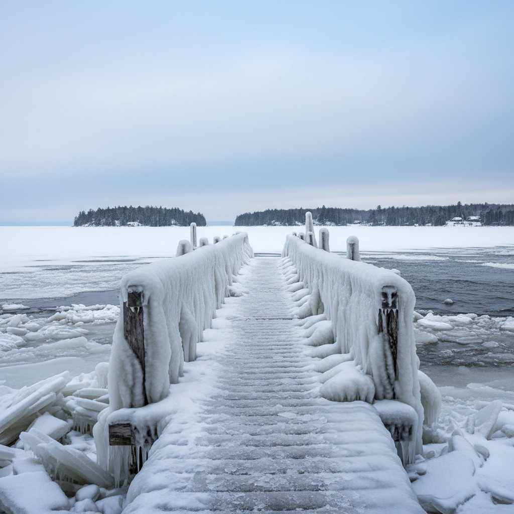 A dock encased in thick ice along a frozen Ontario lake shoreline
