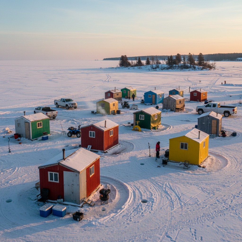 Ice fishing hut on a frozen lake with a snowy shoreline in the background